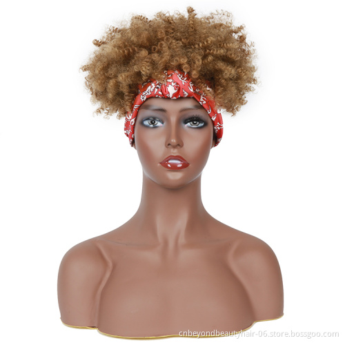 Afro  short Omber brown Synthetic wigs Wrap Wigs Drawstring Culry Hair Headband Wig